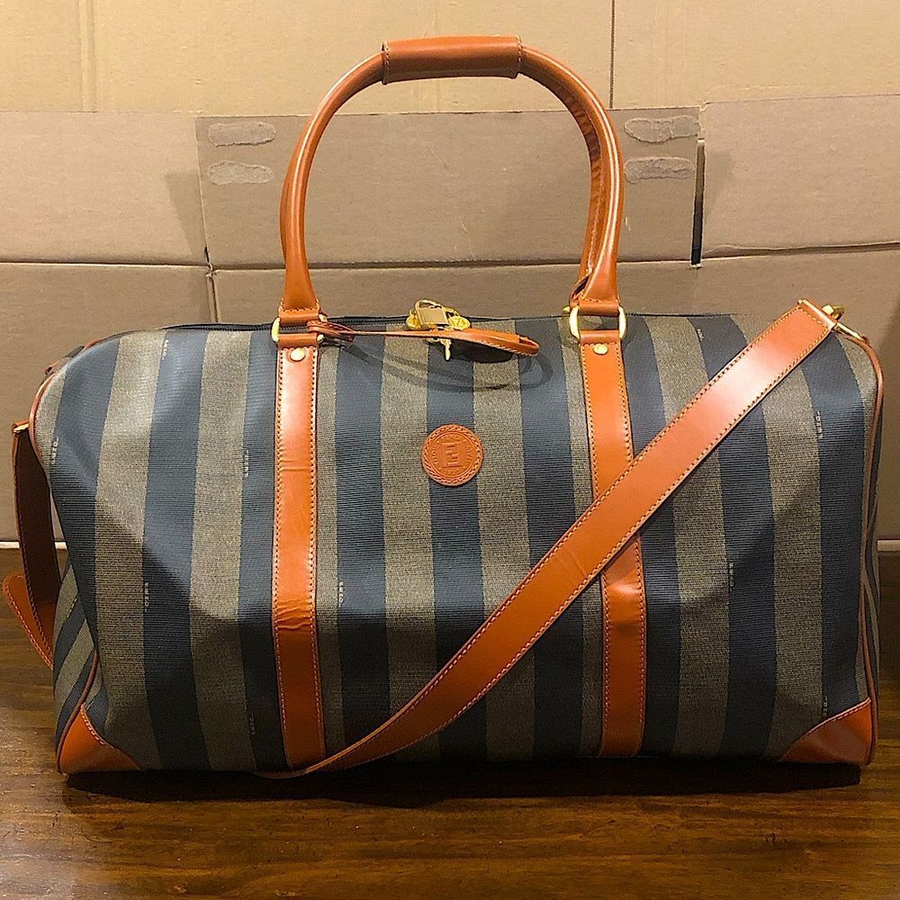FENDI Pequin Pecan Striped Bandolier Boston Travel Bag w FENDI Shoulder Strap
